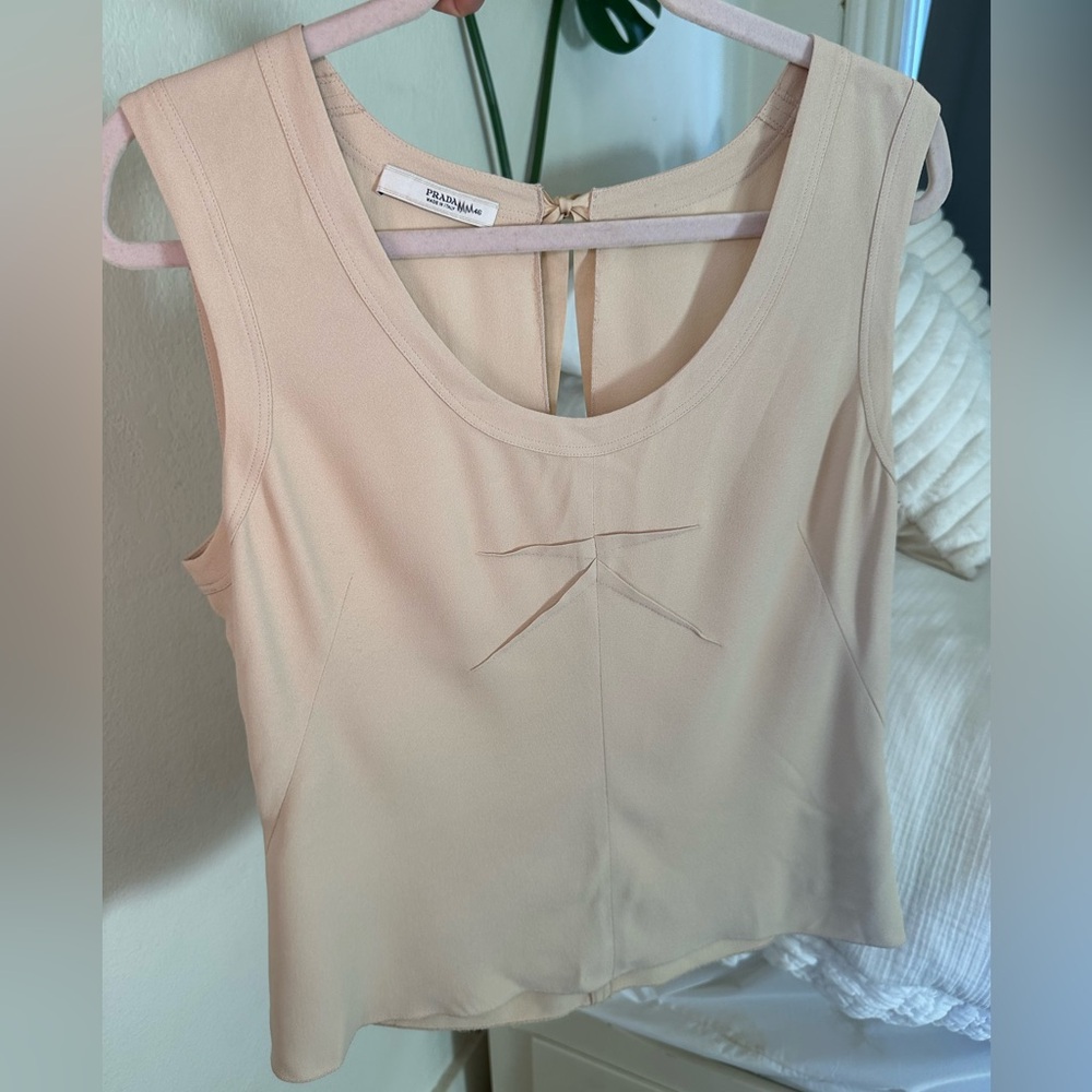 Prada Beige Sleeveless Blouse with ribbon bow tie size 46 size M best offer euc